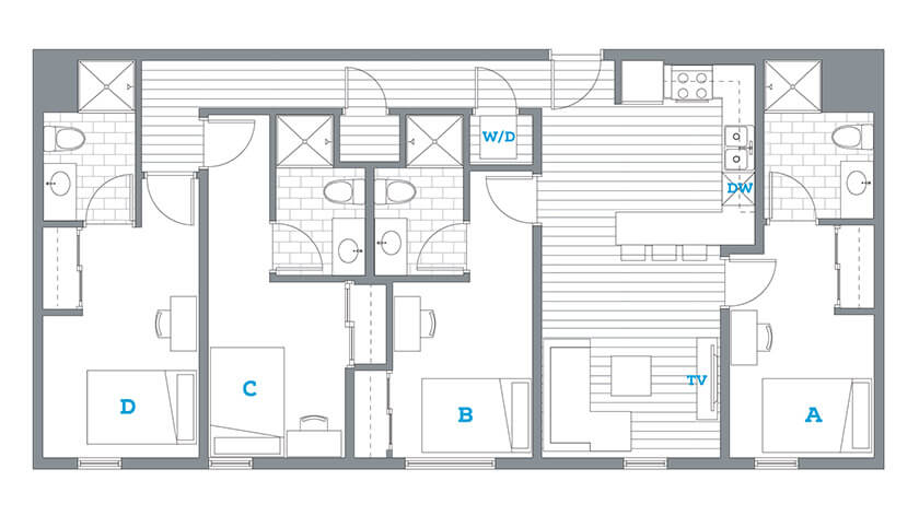 example floor plan layout of a four bedroom and four bathroom apartment at the soto